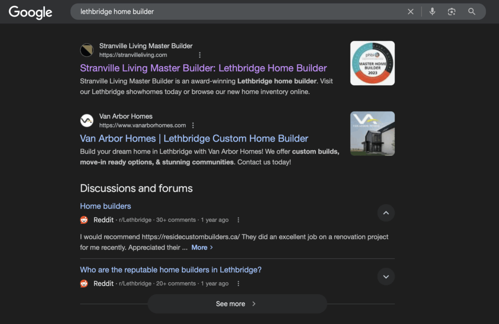 Screenshot of top google result for home builder due to SEO